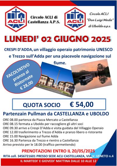Crespi d'Adda, un villaggio operaio patrimonio Unesco e Trezzo sull'Adda per una piacevole navigazione sul fiume - Circolo Acli Castellanza (VA)