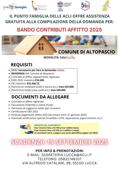Bando Contributi Affitto 2025 - Lucca - Acli Pisa e Lucca (PI)