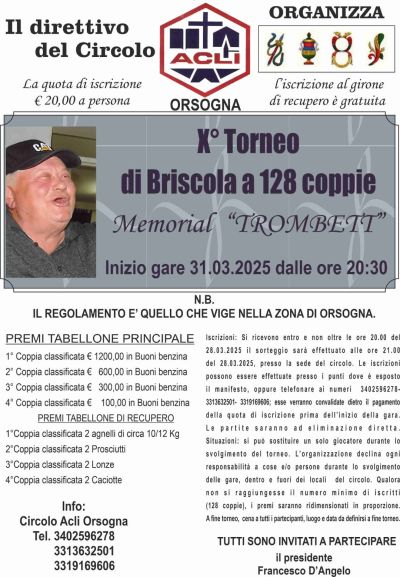X° Torneo di Briscola a 128 coppie - Circolo Acli Orsogna (CH)