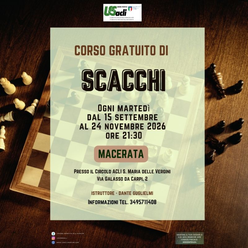 CORSO GRATUITO DI SCACCHI - MACERATA - CIRCOLO ACLI SANTA MARIA DELLE VERGINI (MC) - US ACLI MARCHE E MACERATA