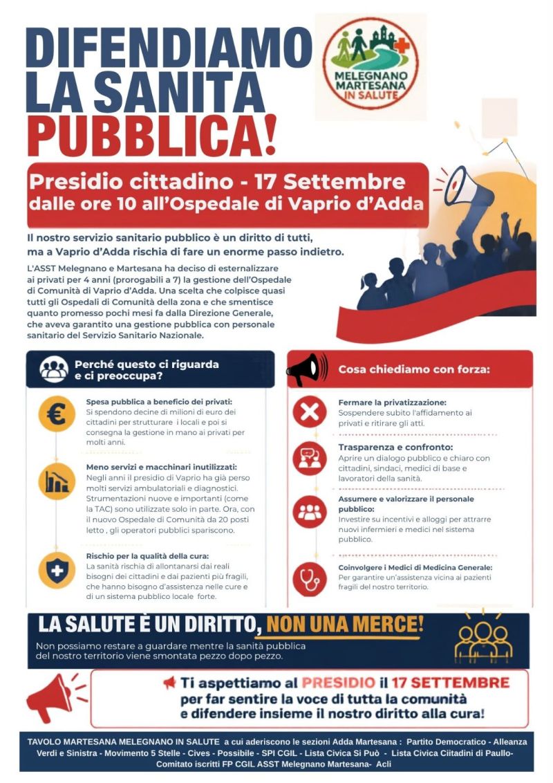 DIFENDIAMO LA SANITÀ PUBBLICA! - PRESIDIO CITTADINO - VAPRIO D'ADDA (MI) - CIRCOLO ACLI VAPRIO D'ADDA (MI)