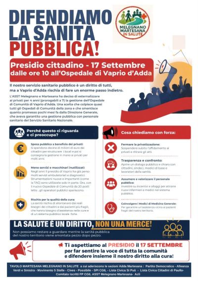 DIFENDIAMO LA SANITÀ PUBBLICA! - PRESIDIO CITTADINO - VAPRIO D'ADDA (MI) - CIRCOLO ACLI VAPRIO D'ADDA (MI)
