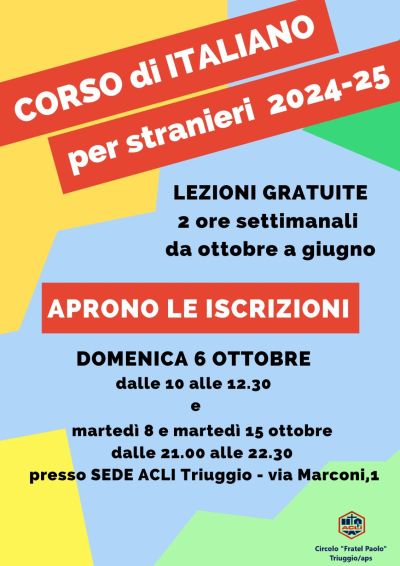 Corso di Italiano per Stranieri 2024-2025 - CircolO Acli &quot;Fratel Paolo&quot; Triuggio (MI)