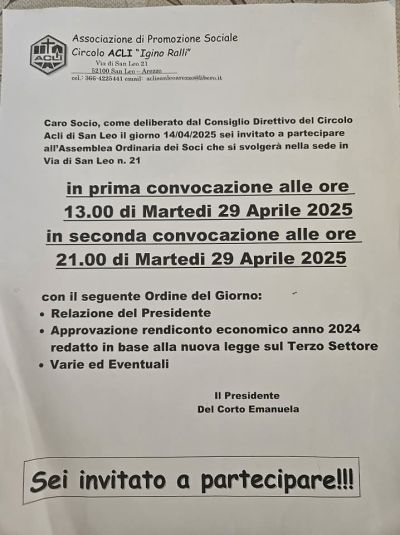 Assemblea ordinaria dei soci - Circolo Acli San Leo (AR)