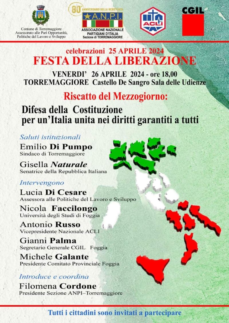 Festa della liberazione: Difesa della Costituzione per un'Italia unita nei diritti garantiti a tutti - Acli Foggia (FG)