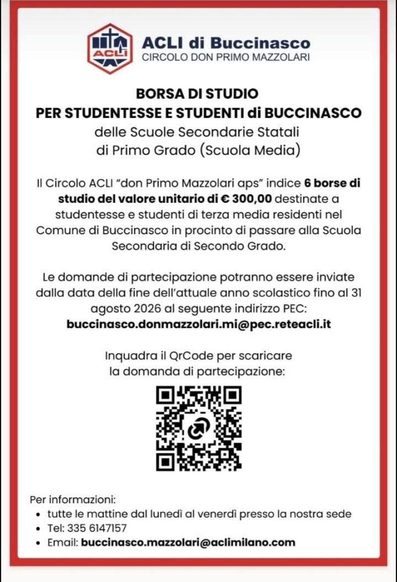 BORSA DI STUDIO PER STUDENTESSE E STUDENTI DI BUCCINASCO (MI)