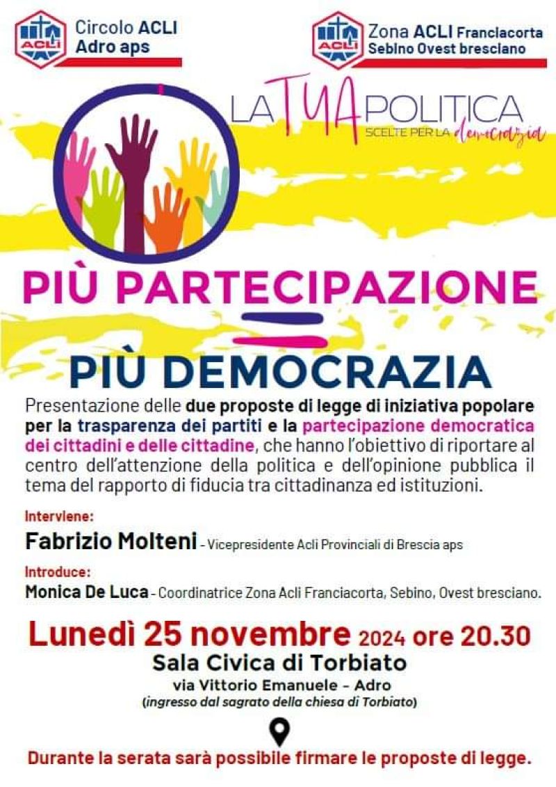 Presentazione delle due proposte di iniziativa popolare - Circolo Acli Adro e Zona Acli Franciacorta Sebino Ovest bresciano (BS)