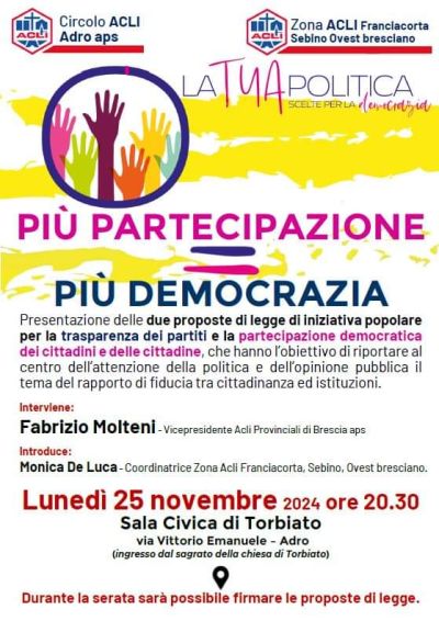 Presentazione delle due proposte di iniziativa popolare - Circolo Acli Adro e Zona Acli Franciacorta Sebino Ovest bresciano (BS)
