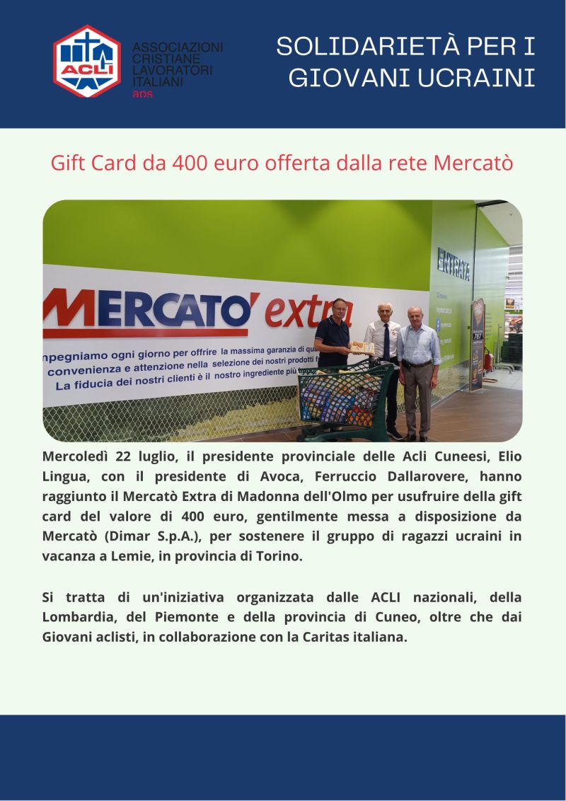 GIFT CARD MERCATO' PER I RAGAZZI UCRAINI - LEMIE (VAL DI LANZO - TO) - ACLI NAZIONALI - ACLI LOMBARDIA - ACLI PIEMONTE - ACLI PROVINCIALI CUNEO (CN)