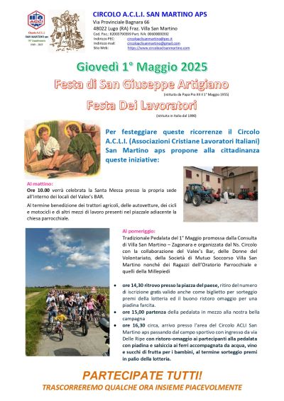 Festa di San Giuseppe Artigiano: Festa dei Lavoratori - Circolo Acli San Martino (RA)