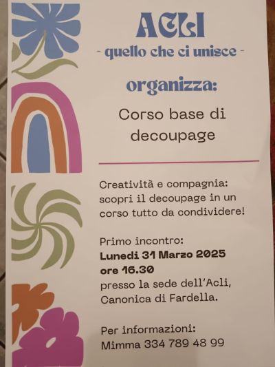 Corso base di decoupage - Fardella (PZ) - Circolo Acli Quello Che Ci Unisce (PZ)