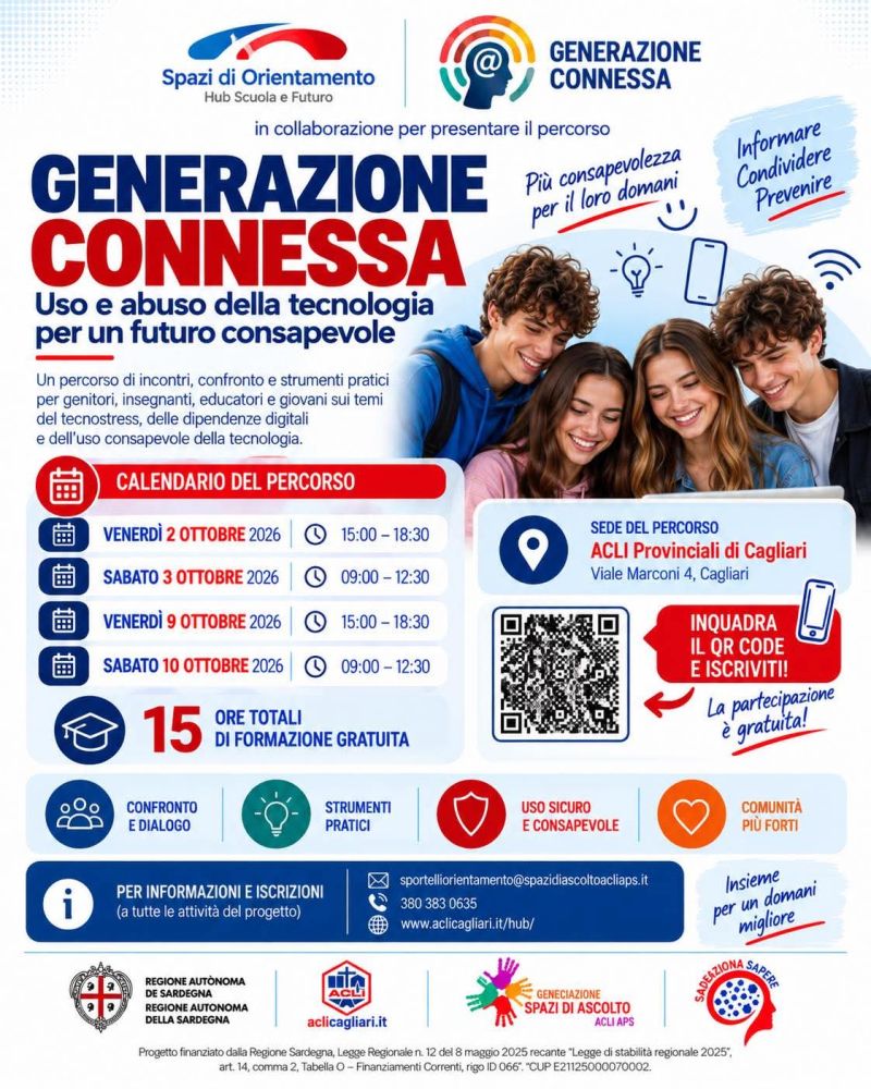 GENERAZIONE CONNESSA - PERCORSO CON 15 ORE TOTALI DI FORMAZIONE GRATUITA - ACLI CAGLIARI - CAGLIARI