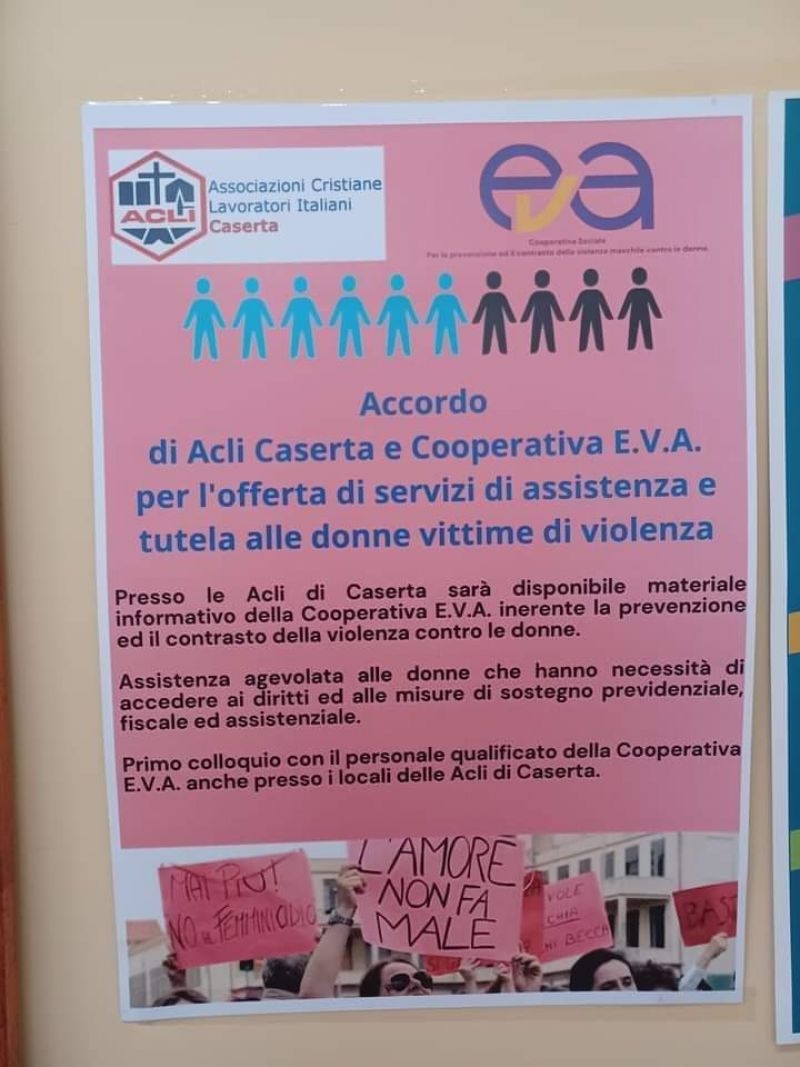 Accordo tra Acli Caserta e Cooperativa E.V.A. per l'offerta di servizi di assistenza e tutela alle donne vittime di violenza - Acli Caserta (CE)