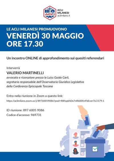 Incontro online di approfondimento sui quesiti referendari - online - Acli Milano Monza e Brianza (MB)