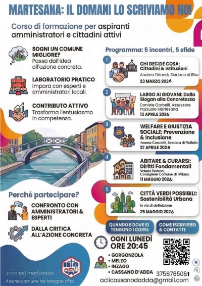IL DOMANI LO SCRIVIAMO NOI - CORSO DI FORMAZIONE PER ASPIRANTI AMMINISTRATORI E CITTADINI ATTIVI - GORGONZOLA (MI) - MELZO (MI) - INZAGO (MI) - CASSANO D'ADDA (MI) - ZONA ACLI MARTESANA EST (MI)