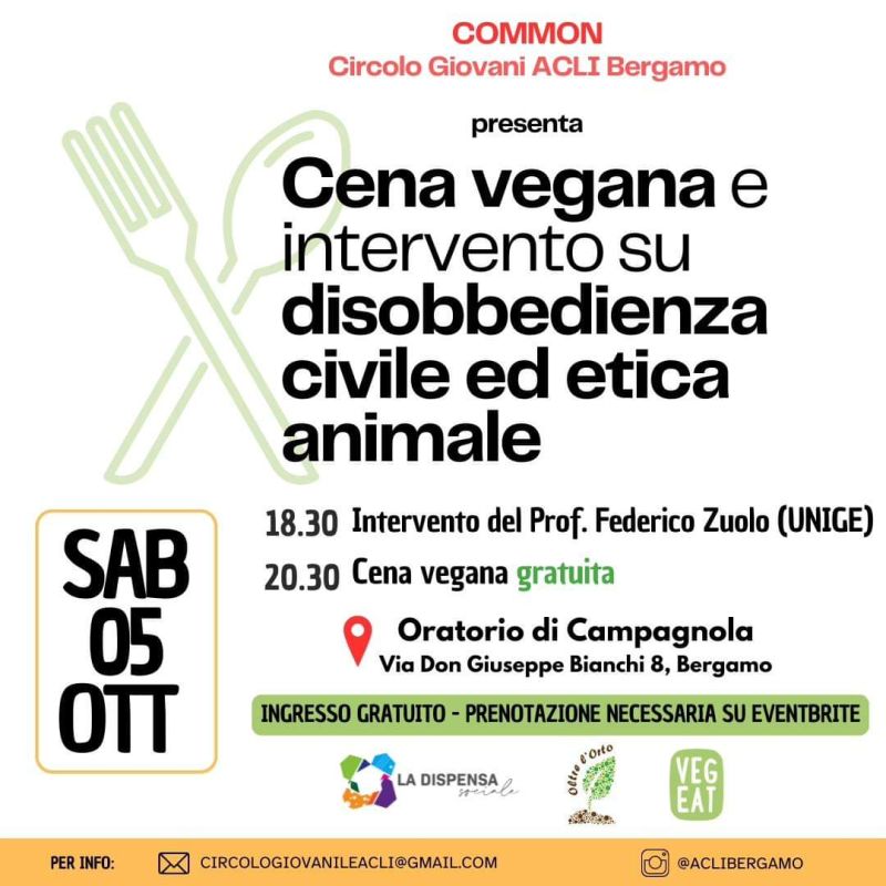 Cena vegana e intervento su disobbedienza civile ed etica animale - Circolo Giovani Acli Bergamo (BG)