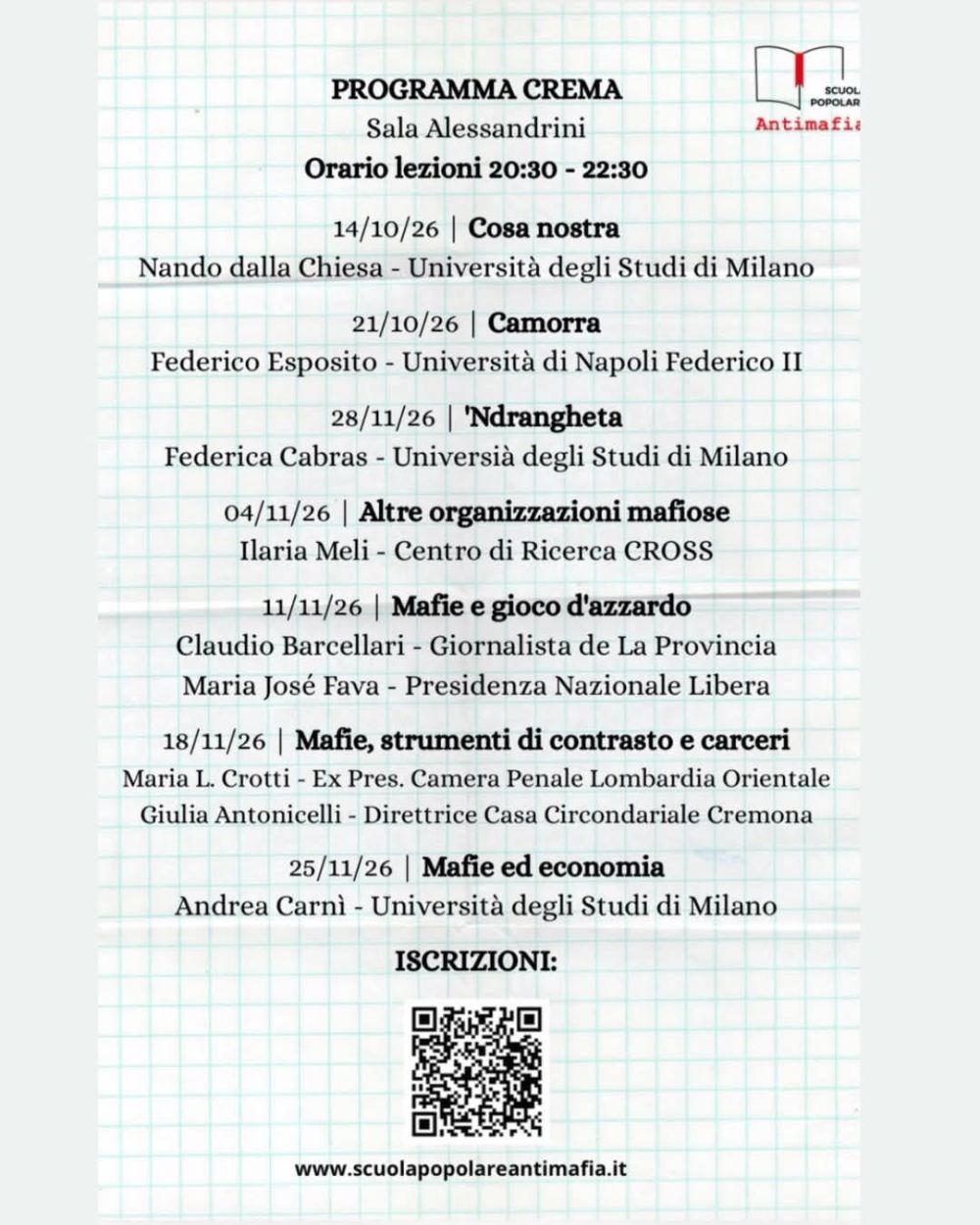 SCUOLA POPOLARE ANTIMAFIA VI EDIZIONE - PROGRAMMA CREMA - BRESCIA BERGAMO VARESE CREMA - CIRCOLO ACLI CREMA (CR) - ACLI VARESE (VA)