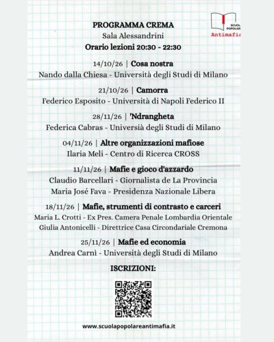 SCUOLA POPOLARE ANTIMAFIA VI EDIZIONE - PROGRAMMA CREMA - BRESCIA BERGAMO VARESE CREMA - CIRCOLO ACLI CREMA (CR) - ACLI VARESE (VA)