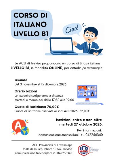 CORSO DI ITALIANO LIVELLO B1 ONLINE - ACLI TREVISO