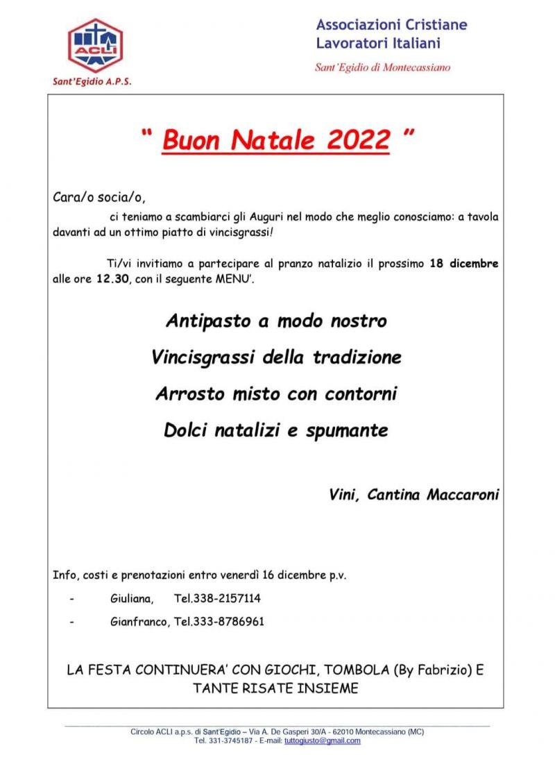 Buon Natale 2022 - Circolo Acli Sant'Egidio di Montecassiano (MC)