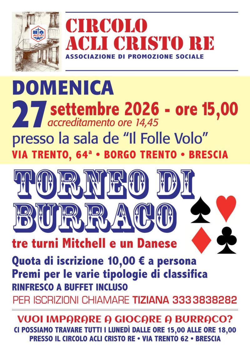 TORNEO DI BURRACO - RINFRESCO A BUFFET INCLUSO - BORGO TRENTO (BS) - CIRCOLO ACLI CRISTO RE