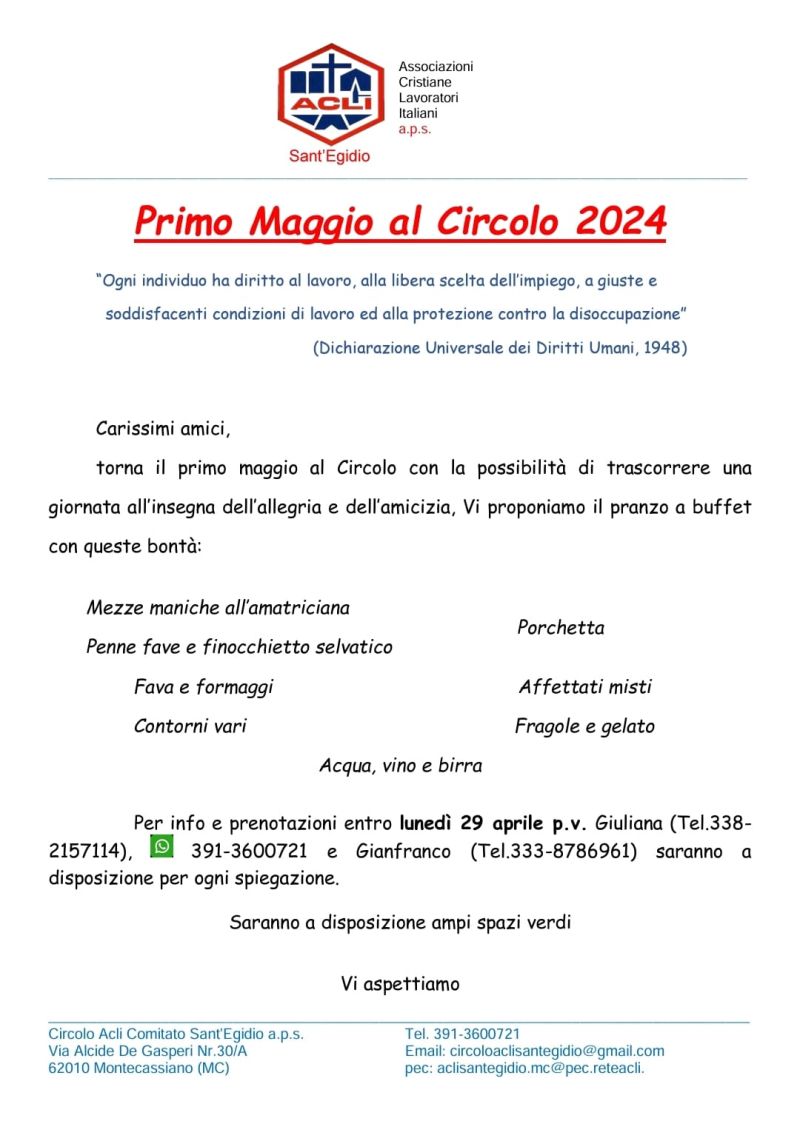 Primo Maggio al Circolo 2024 - Circolo Acli Sant'Egidio (MC)