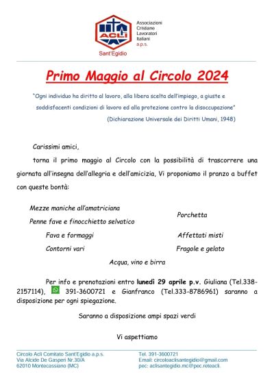 Primo Maggio al Circolo 2024 - Circolo Acli Sant&#039;Egidio (MC)