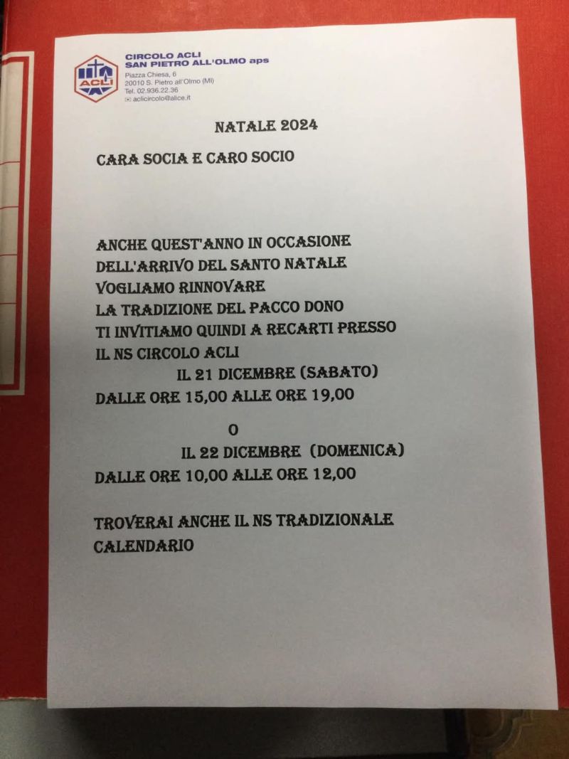 Pacco Dono Natale 2024 - Circolo Acli San Pietro All'Olmo (MI)