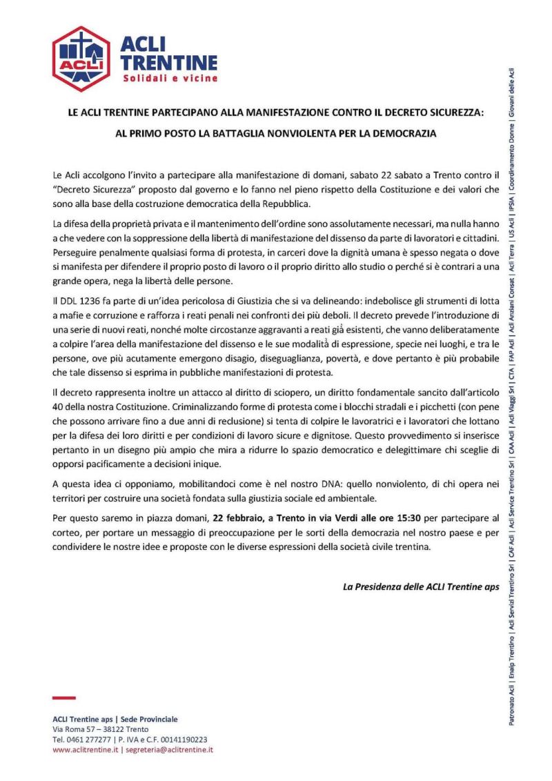 Manifestazione contro il Decreto Sicurezza - Acli Trento (TN)