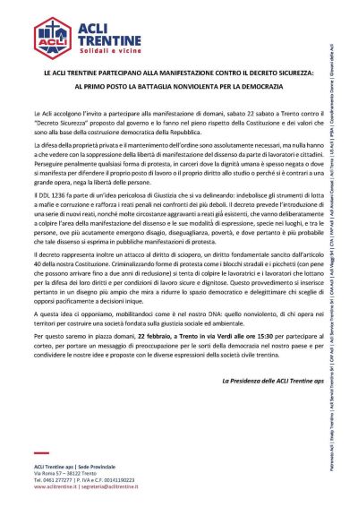 Manifestazione contro il Decreto Sicurezza - Acli Trento (TN)