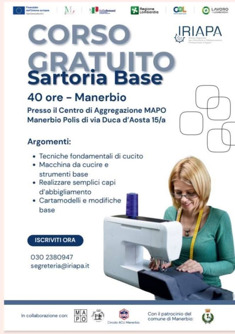 CORSO GRATUITO SARTORIA BASE - MANERBIO (BS)