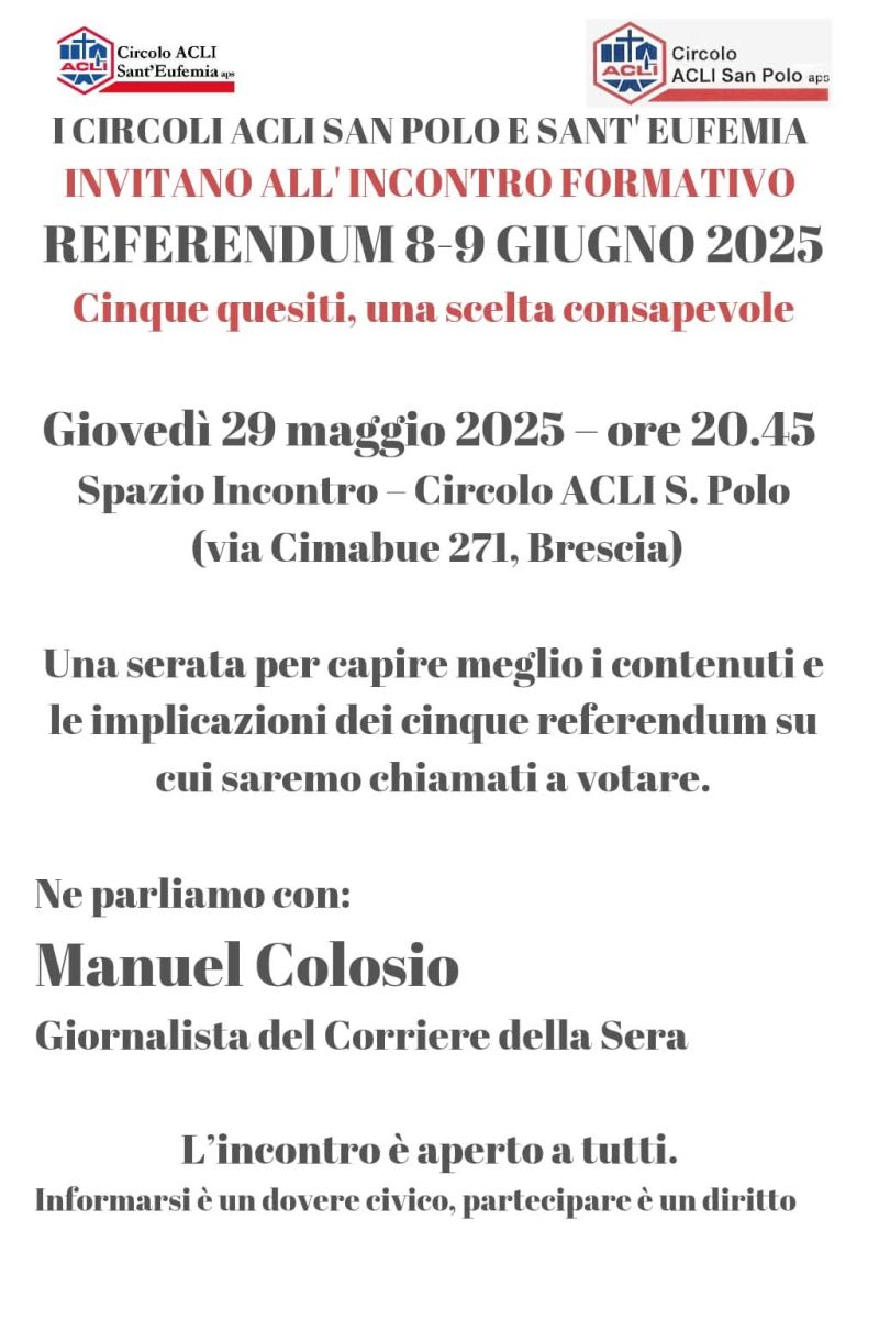 Referendum 8-9 giugno: 5 quesiti, una scelta consapevole - Brescia - Circolo Acli S. Polo (BS)
