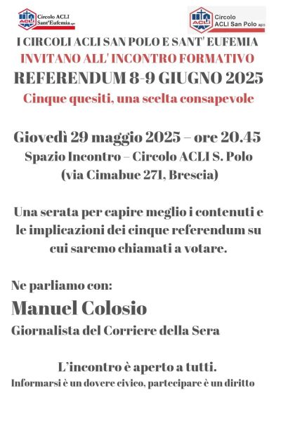 Referendum 8-9 giugno: 5 quesiti, una scelta consapevole - Brescia - Circolo Acli S. Polo (BS)