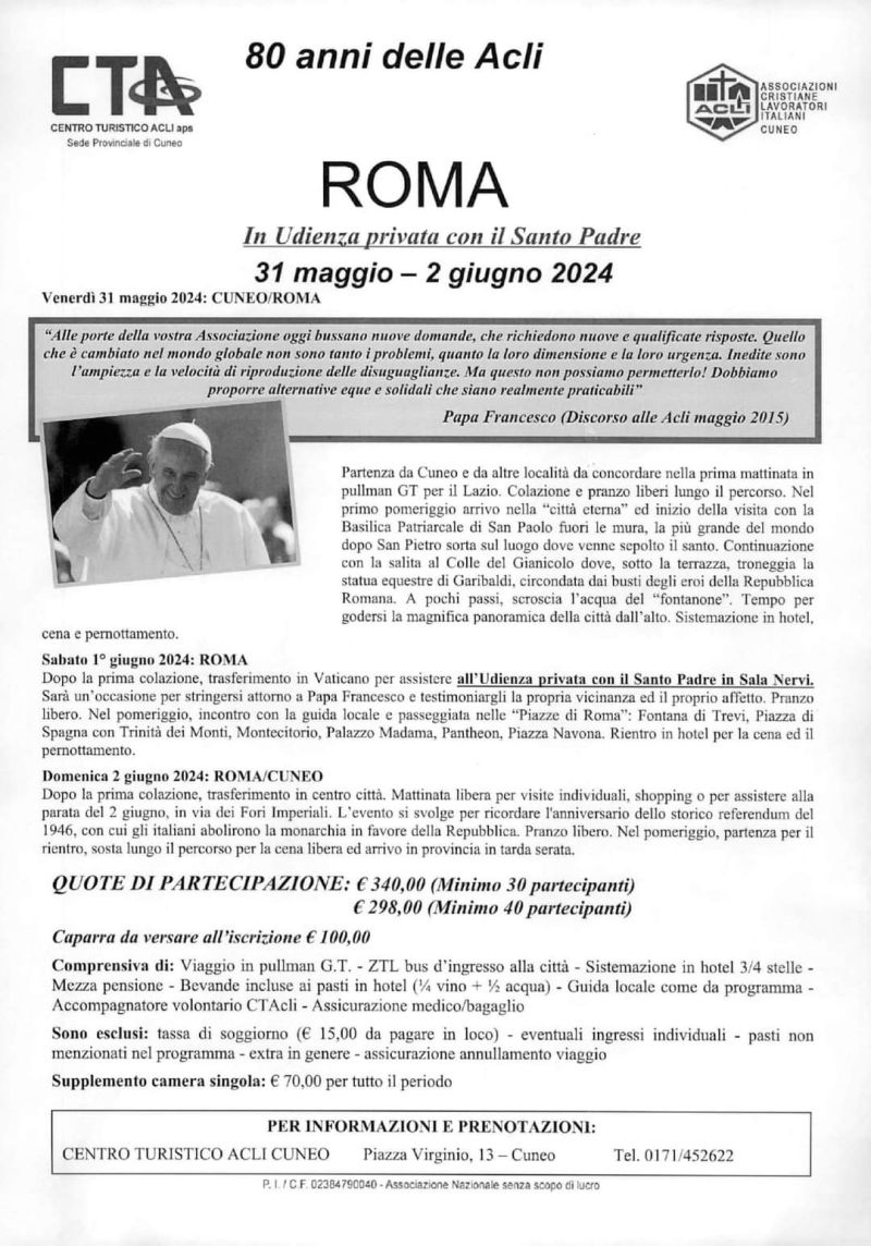 Roma: In Udienza privata con il Santo Padre - CTA Cuneo e Acli Cuneo (CN)