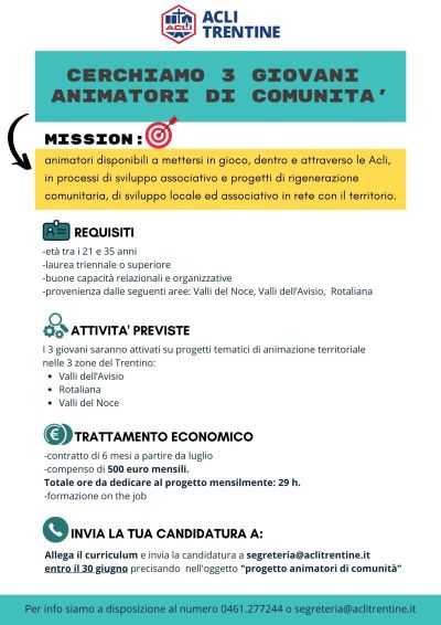 Cerchiamo 3 Giovani Animatori di Comunità - Trento - Acli Trento (TN)