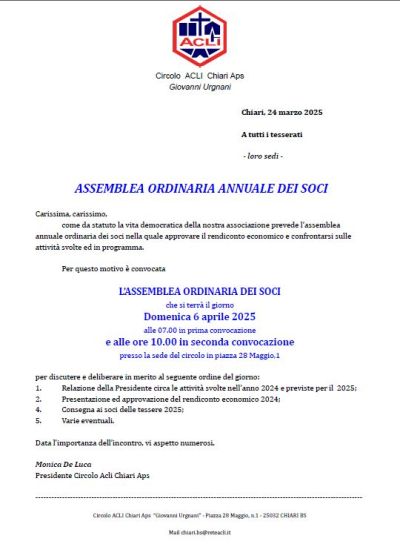Assemble ordinaria dei soci - Circolo Acli Chiari (BS)