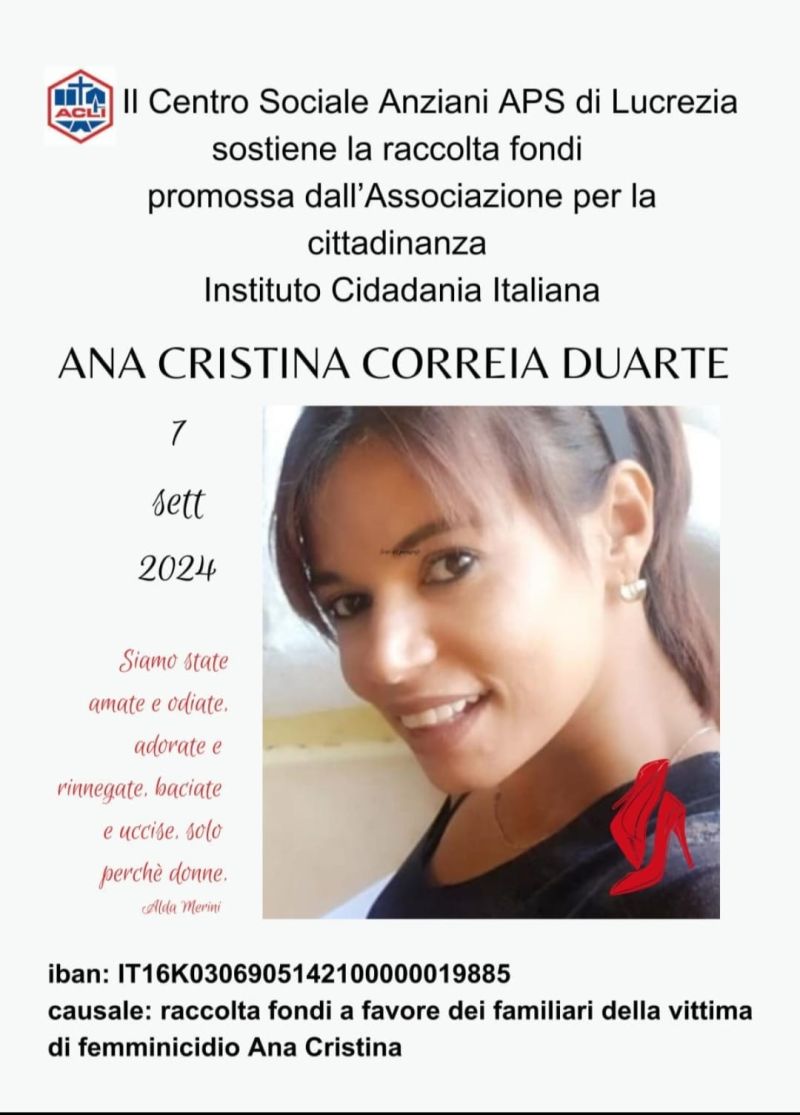 Raccolta fondi per i familiari della vittima di femminicidio Ana Cristina Correira Duarte - Circolo Acli Centro Sociale Anziani APS di Lucrezia e Acli Pesaro Urbino (PU)