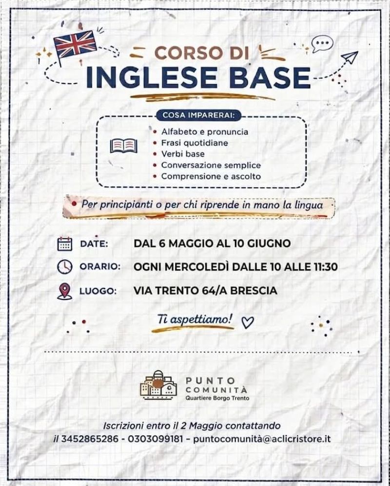 CORSO DI INGLESE BASE - PER PRINCIPIANTI E PER CHI RIPRENDE IN MANO LA LINGUA - BORGO TRENTO (BS) - CIRCOLO ACLI CRISTO RE (BS)