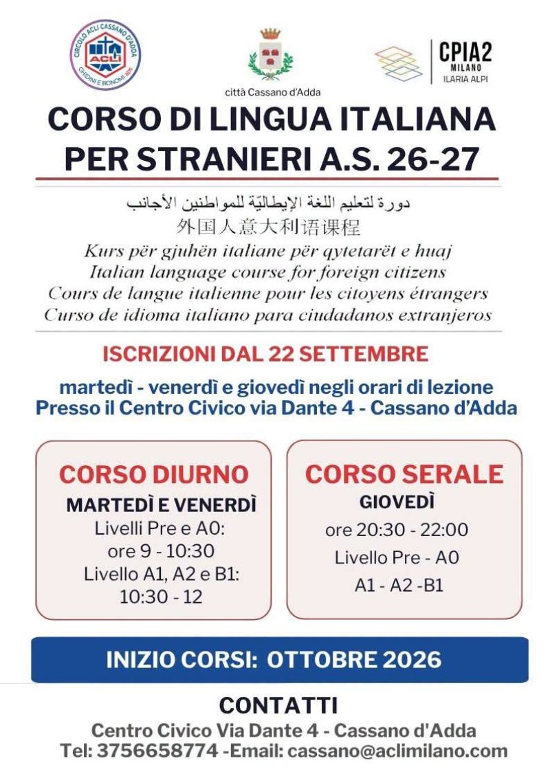 CORSO DI LINGUA ITALIANA PER STRANIERI - INIZIO CORSI OTTOBRE 2026 - CASSANO D'ADDA (MI) - CIRCOLO ACLI CASSANO D'ADDA (MI)