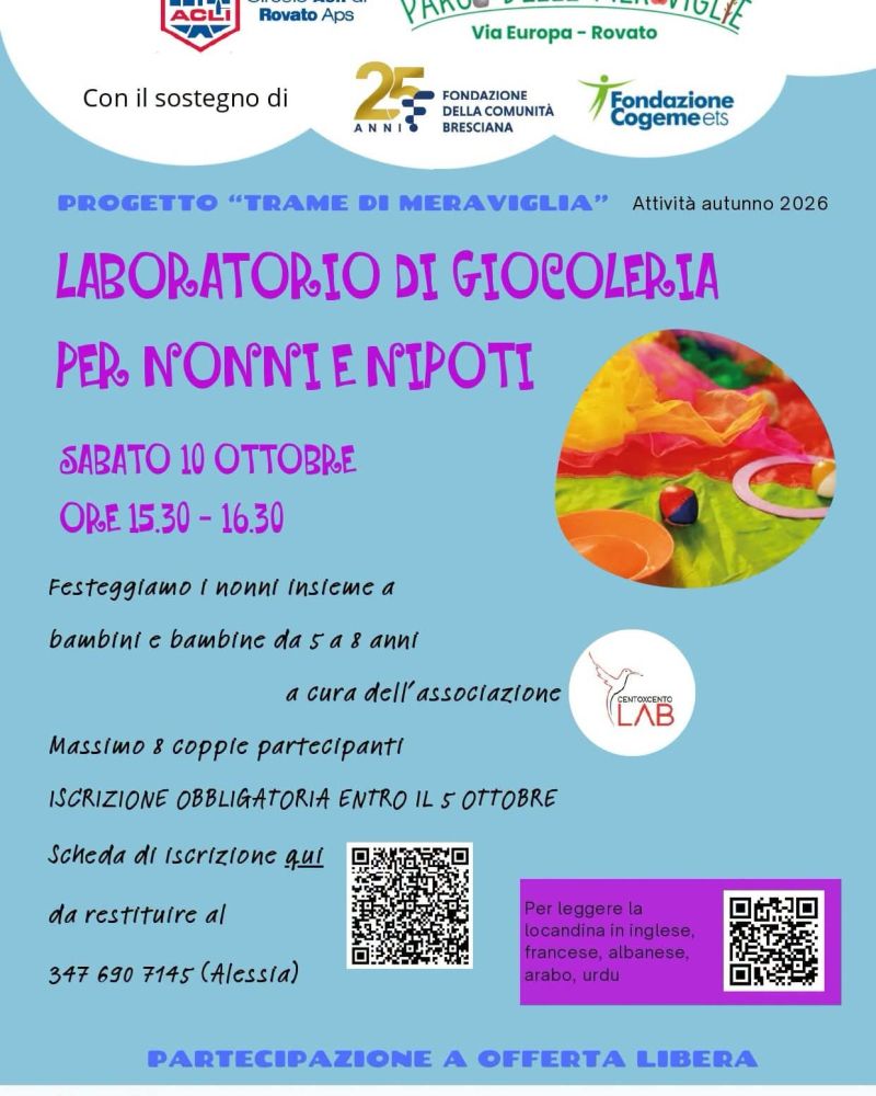 LABORATORIO DI GIOCOLERIA PER NONNI E NIPOTI - PARTECIPAZIONE A OFFERTA LIBERA - CIRCOLO ACLI ROVATO (BS) - ROVATO (BS)