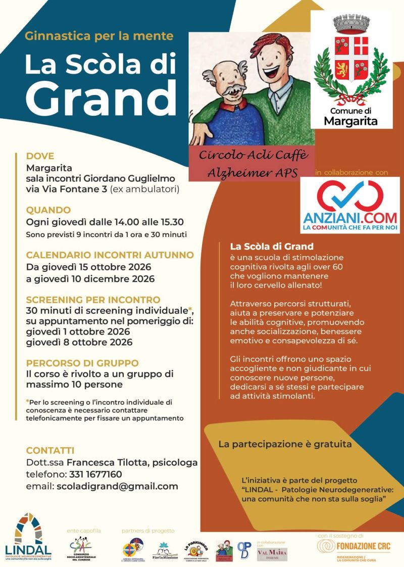 LA SCÒLA DI GRAND - GINNASTICA PER LA MENTE - PARTECIPAZIONE GRATUITA - CIRCOLO ACLI CAFFÈ ALZHEIMER DI DRONERO (CN) - MARGARITA (CN)
