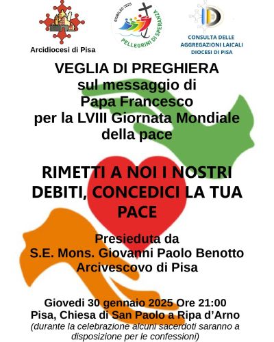 Veglia di preghiera sul messaggio di Papa Francesco per la LVIII Giornata Mondiale della Pace - Acli Pisa e Lucca (PI)
