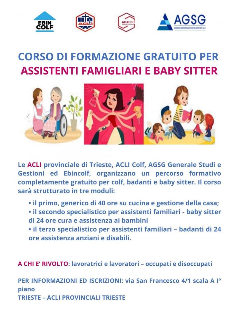 Corso di formazioni gratuito &quot;Assistenti Famigliari e Baby Sitter&quot; - Acli Trieste e Acli Colf Trieste (TS)