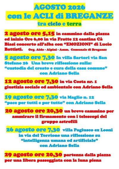 AGOSTO 2026 CON LE ACLI DI BREGANZE - TRA CIELO E TERRA - CIRCOLO ACLI DON PIERO CARPENEDO BREGANZE (VI)