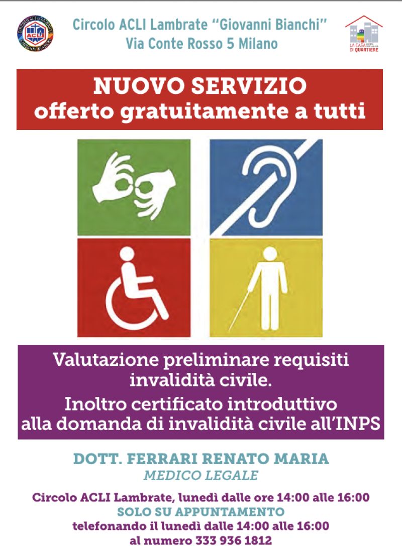 Nuovo servizio: Valutazione preliminare requisiti invalidità civile e inoltro certificato introduttivo alla domanda di invalidità civile all'INPS - Circolo Acli Lambrate (MI)