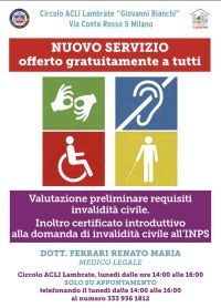 Nuovo servizio: Valutazione preliminare requisiti invalidità civile e inoltro certificato introduttivo alla domanda di invalidità civile all&#039;INPS - Circolo Acli Lambrate (MI)