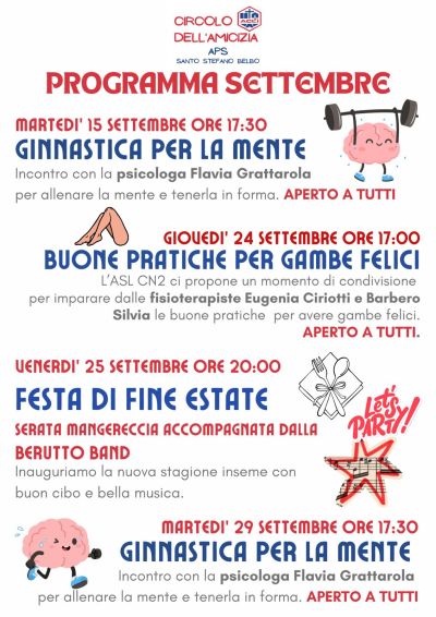 PROGRAMMA SETTEMBRE - SANTO STEFANO BELBO (CN) - CIRCOLO DELL'AMICIZIA APS