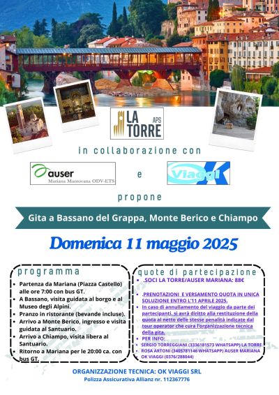Gita a Bassano del Grappa, Monte Berico e Chiampo - Ass. La Torre APS aff. Acli Arte e Spettacolo Mantova (MN)