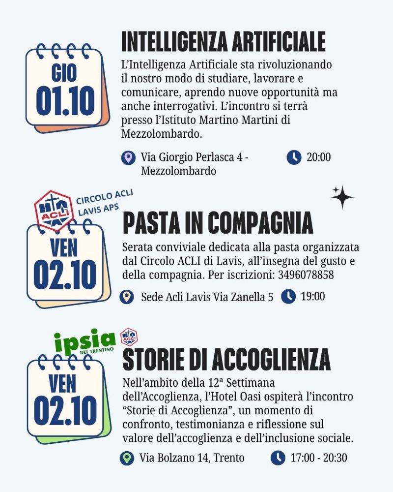 PROGRAMMA ACLI TRENTINE OTTOBRE - PASTA IN COMPAGNIA - LAVIS (TN) - CIRCOLO ACLI DI LAVIS (TN)