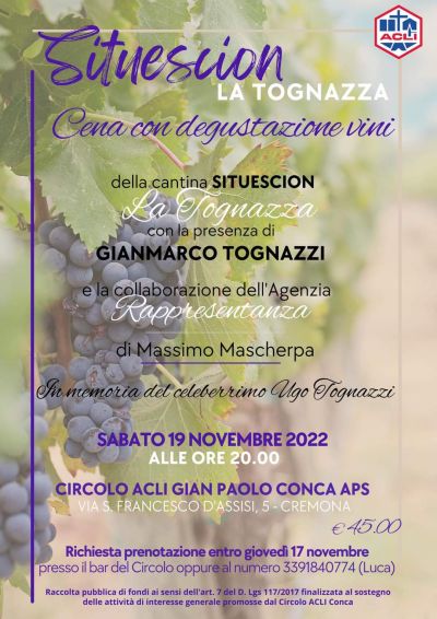Cena con degustazione vini - Circolo Acli Gian Paolo Conca (CR)